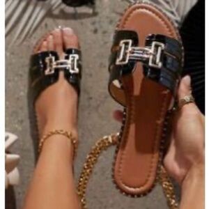 Black Leather H logo Women's Sandals